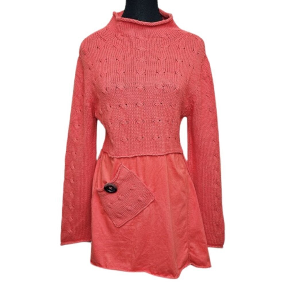 Pure Handknit Womens Size Small Mock Neck Coral Knit Long Sleeve Tunic Sweater